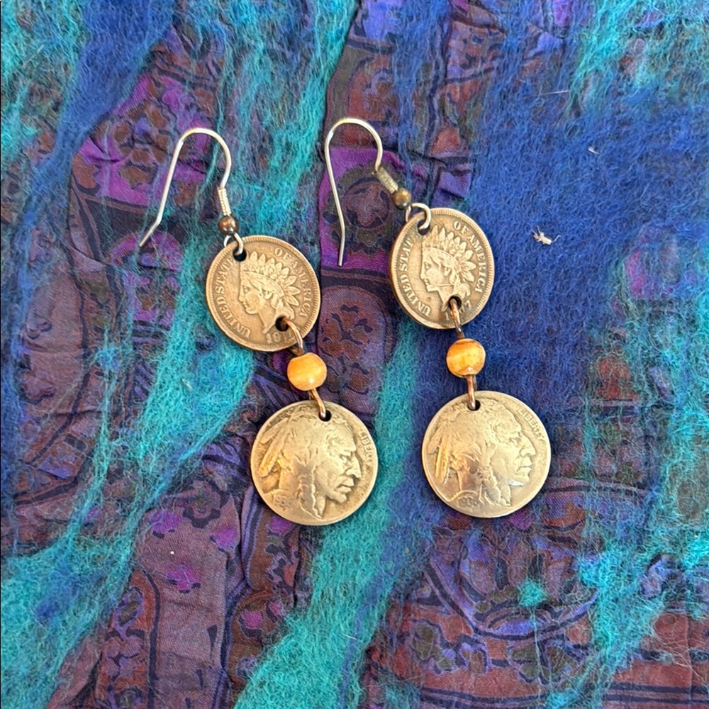Vintage Buffalo & Indian Coin Drop Earrings